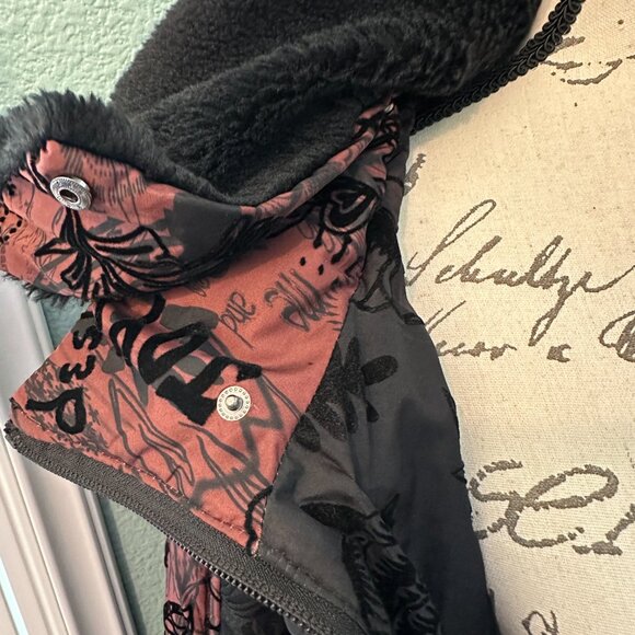 Desigual Flocked Velvet Puffer Jacket 38 Black and Burgandy / Small to Medium - Picture 8 of 10